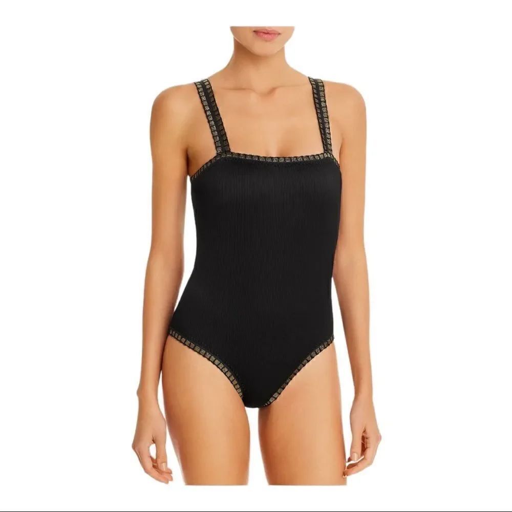 Platinum Swimwear Black Square Neck One Piece Swimsuit Gold Trim S NWT